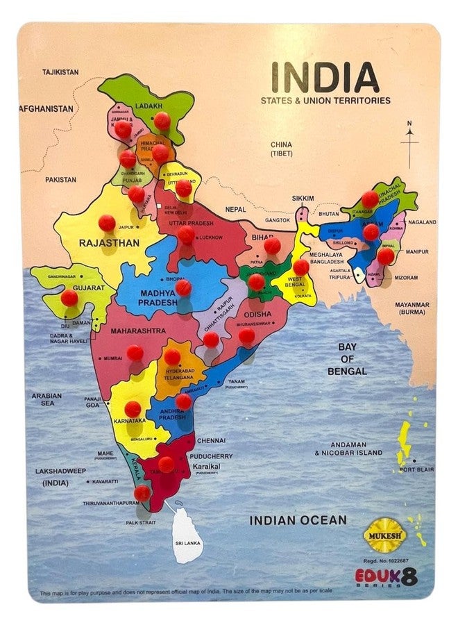 *MUKESH* MUKESH Wooden India Map Puzzle for Kids with States, Their Capitals, 23 Pieces with Knobs | Educational Wooden Puzzle Games for Boys and Girls|Map of India Puzzle for Kids|Jigsaw Puzzle Games for Kid - Image 1